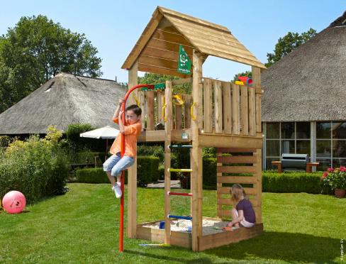 Playtower with Fireman's Pole for Small Garden • Jungle Cabin Fireman's Pole